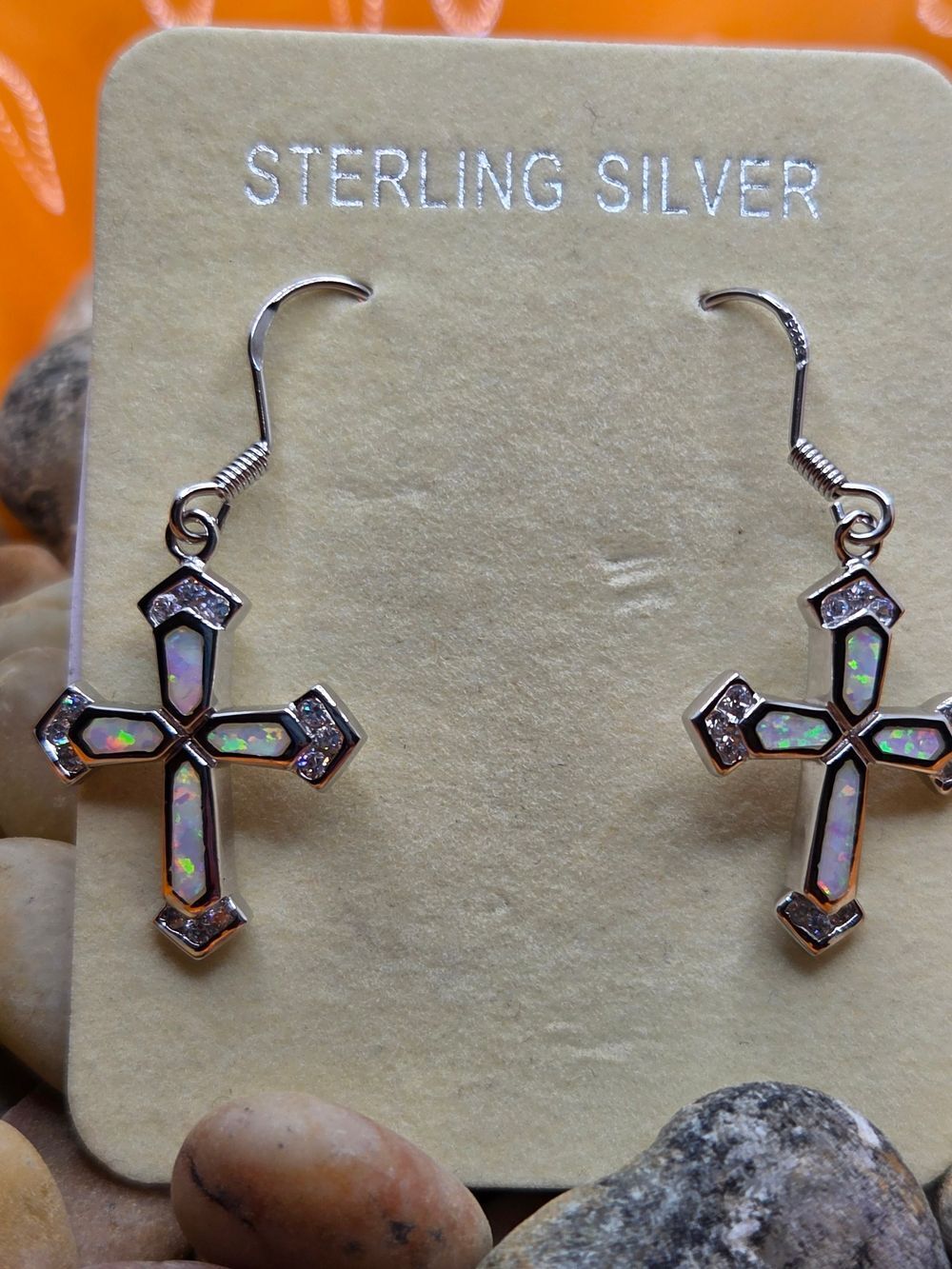 Sterling Silver White Opal Cross Dangle Earrings Artisan